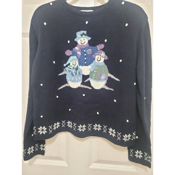 Vintage Christopher & Banks Hand Embroidery Holiday Snowman Sweater Snowflake Pa - Picture 1 of 13